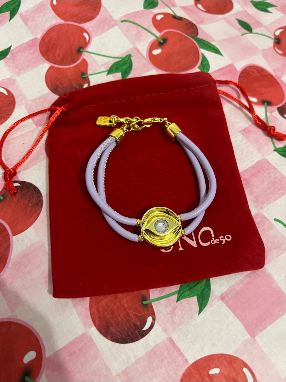 Unode50 Lavender Double-Cord Bracelet with Gold Medallion and Crystal
